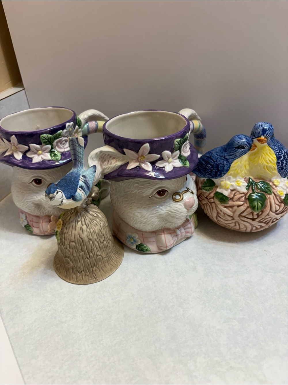 Bundle Special 4 pcs Ceramic Bunny Planter with Purple Floral Hat as shown